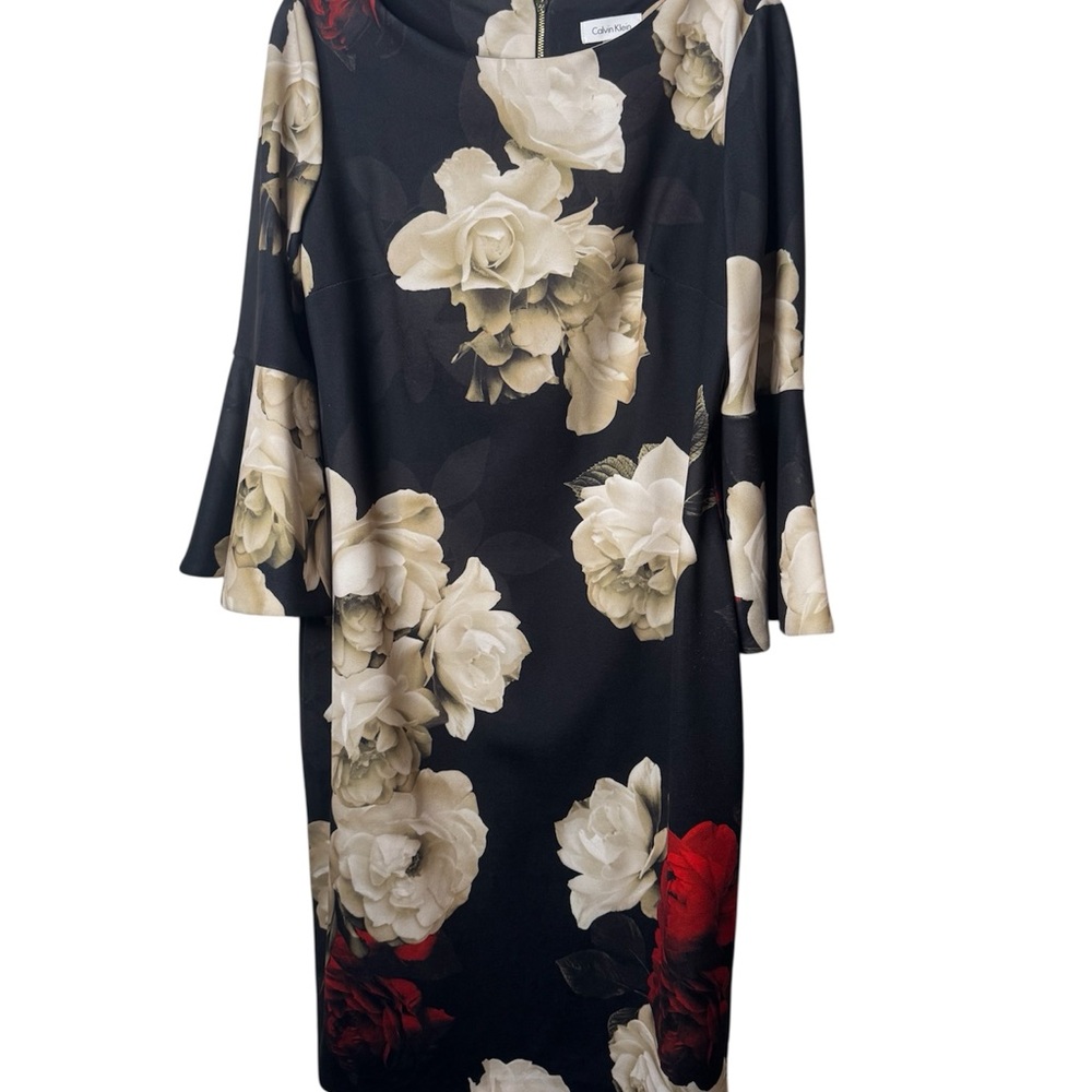 Calvin Klein Black Dress with Cream and Red Floral Design